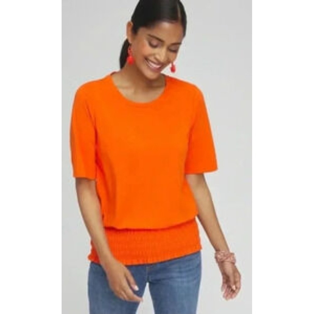 Chicos Smocked Hem Short Sleeve Top Bright Orange Crew Neck Size 1 US M Blouse